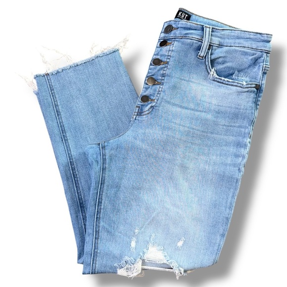 KUT Rachael Fab Ab Mom Jeans Ankle Crop Straight High Rise Raw Hem Button Fly - Picture 1 of 8